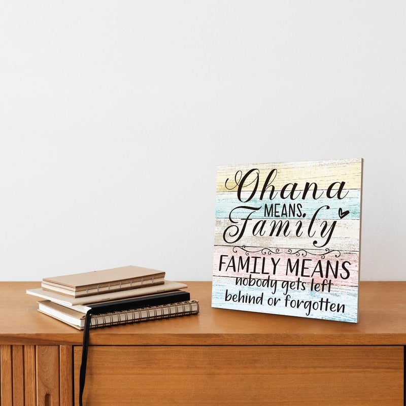SUSZDOU Family Wooden Plaque, “Family Means Nobody Gets Left Behind or Forgotten”, 6.2x6.2 Inch Table Art Sign, Farmhouse Quote Decor for Living Room or Home Tabletop A - Image 4